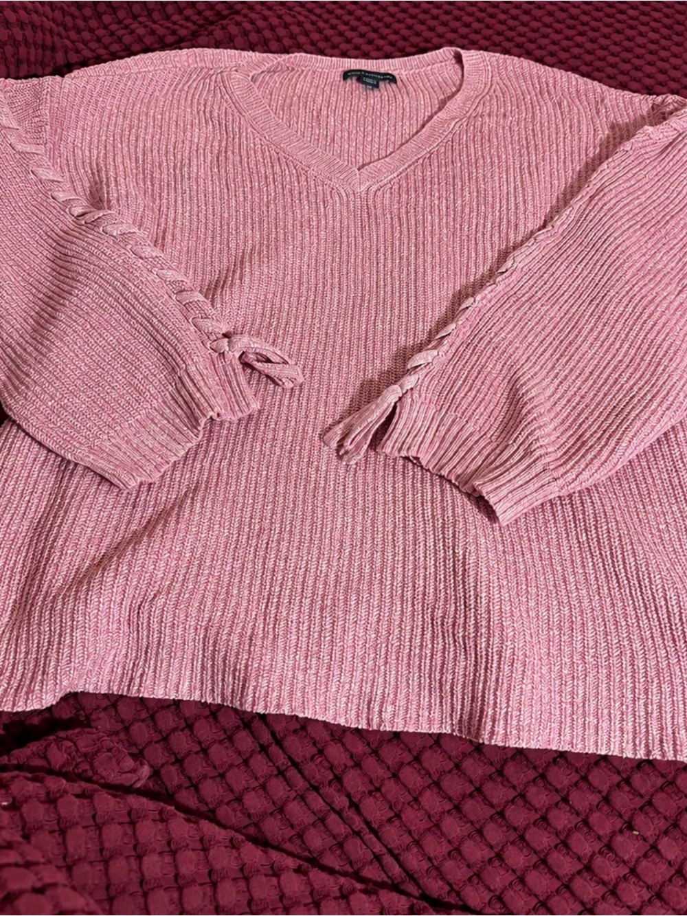 American Eagle Outfitters Dusty Pink V-Neck Braided Sleeve Sweater